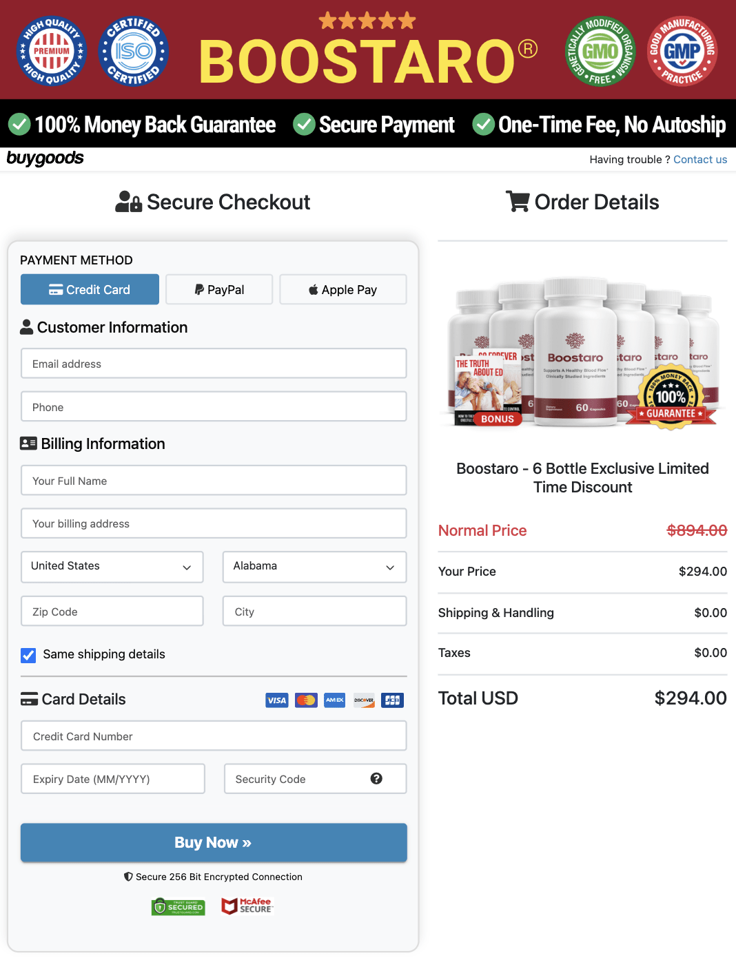 Boostaro order page and checkout